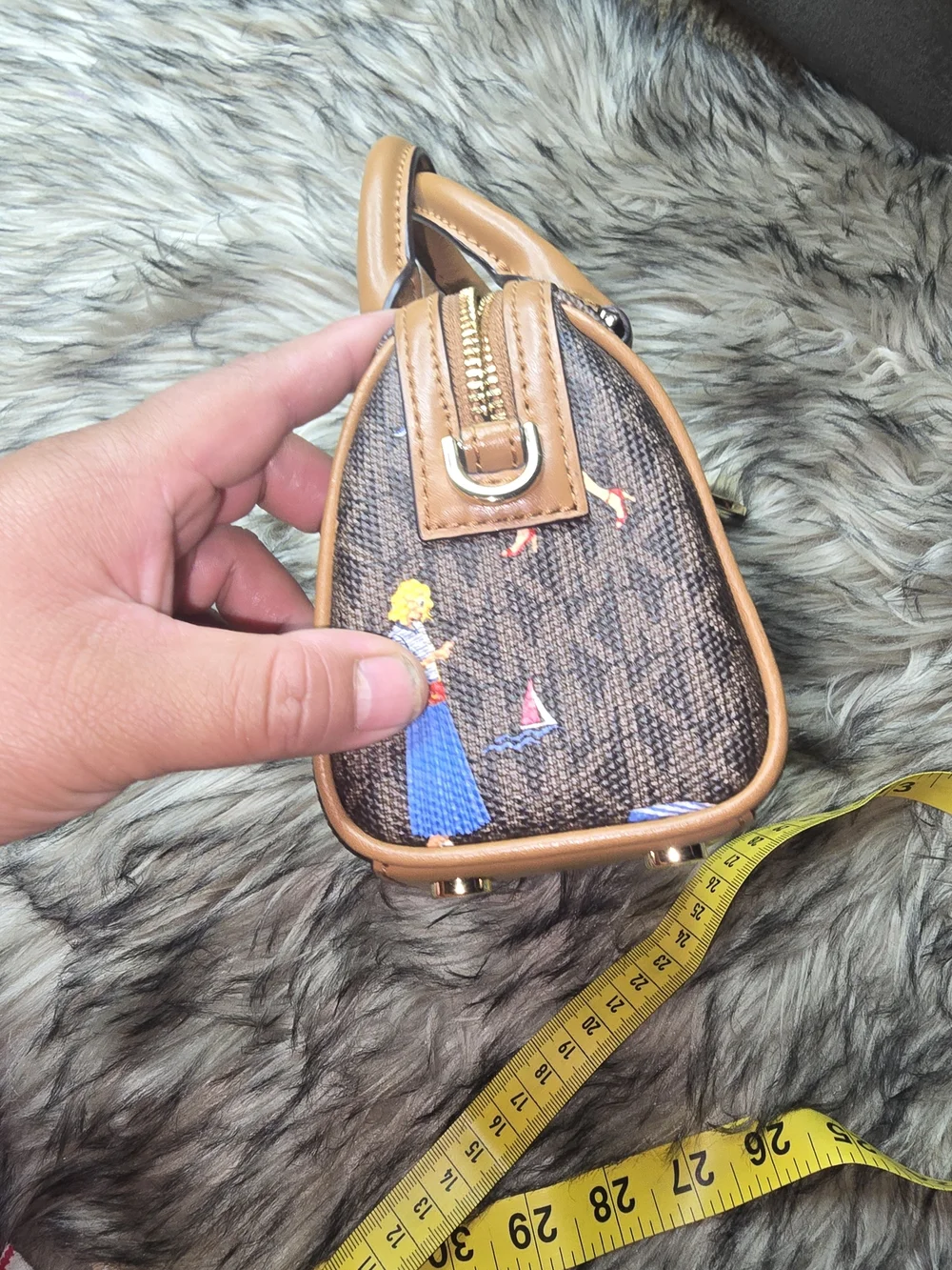 Michael Kors Brown Beach Print Mini Satchel with Tan Trim
